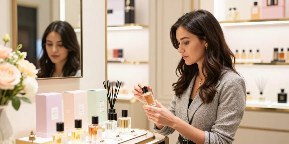 Choosing a perfume in a stylish boutique showcases how to choose a perfume effectively.