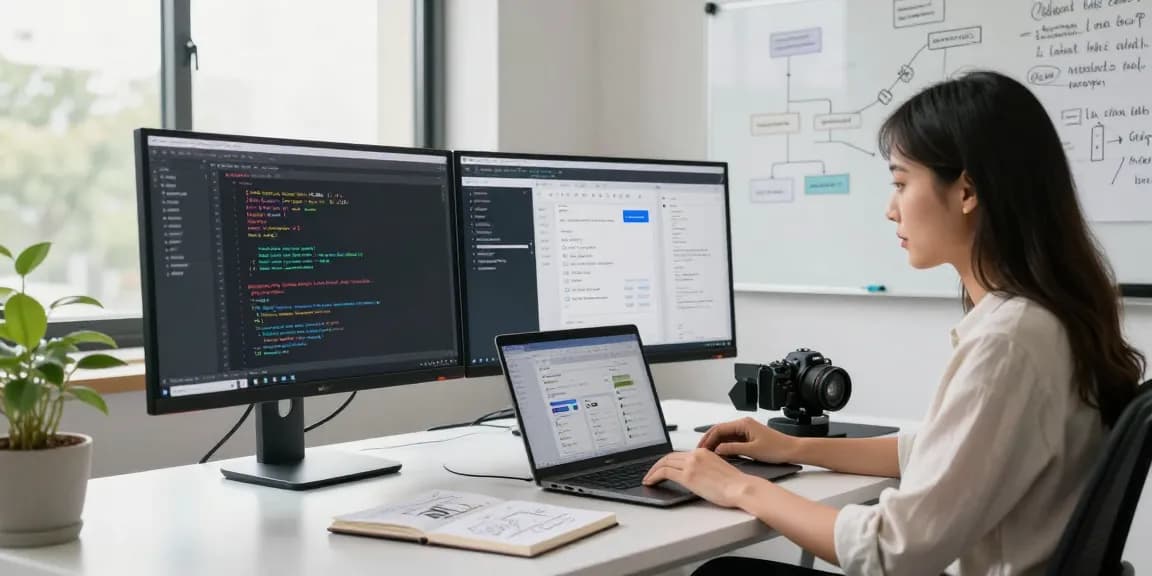 Build internal tools with AI in a vibrant workspace showcasing a developer coding and collaborating effectively.