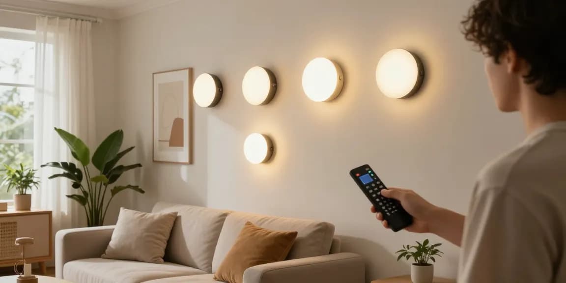 Aplice LED moderne iluminând un living cozy, oferind o atmosferă caldă și primitoare.