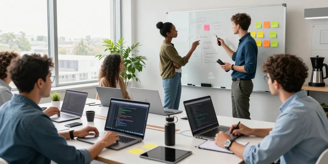 Diverse software developers working together with juicy ai technologies in a bright modern office environment.