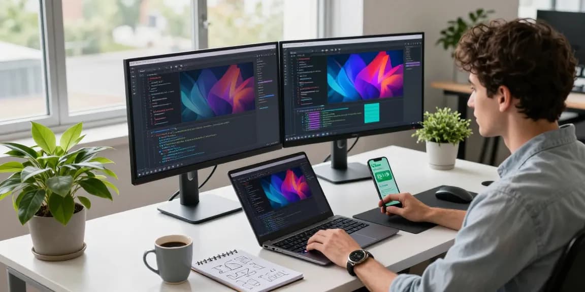 Dynamic tech workspace highlighting WhatsApp下載 activities with a developer coding on dual monitors and engaging tools.