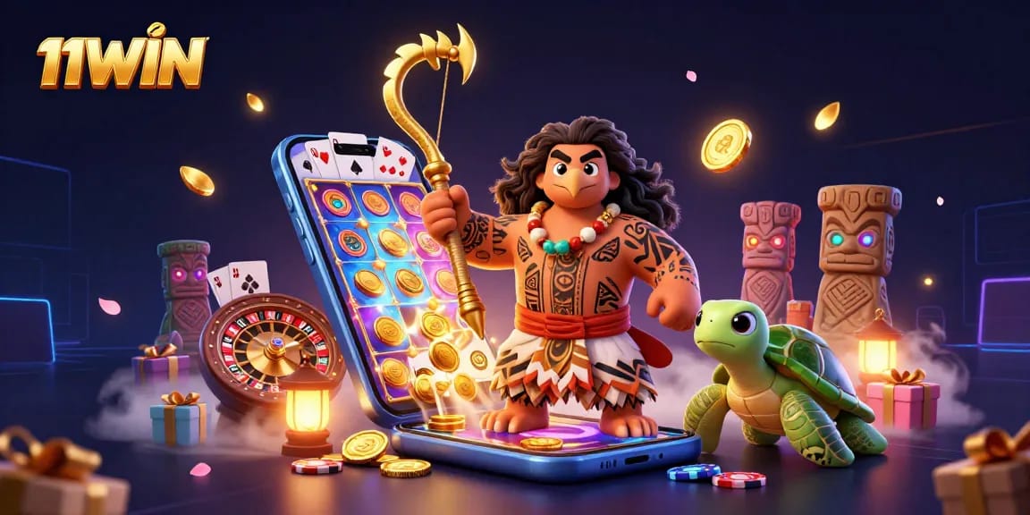 Experience the excitement of 11WIN with a vibrant 3D casino-themed illustration showcasing thrilling gaming elements.