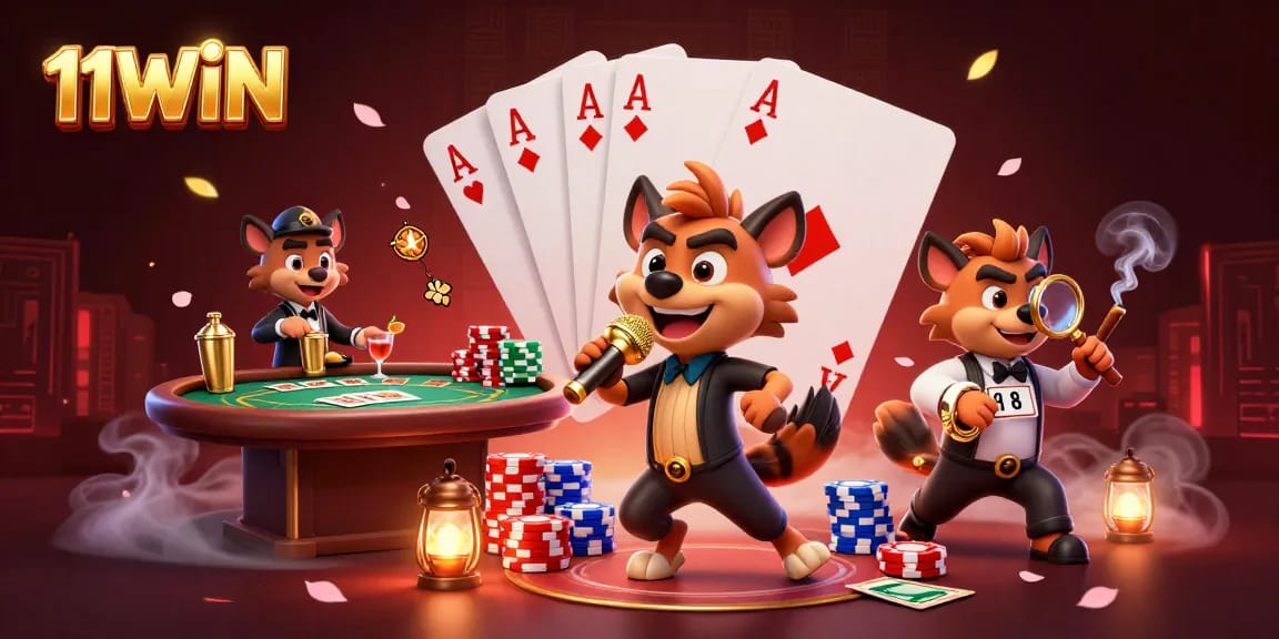 Engage with thrilling casino fun featuring 11WIN's comedic hyenas in a vibrant 3D illustration.