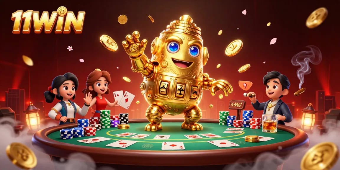 Experience thrilling moments with 11WIN's golden golem and dynamic poker scene.