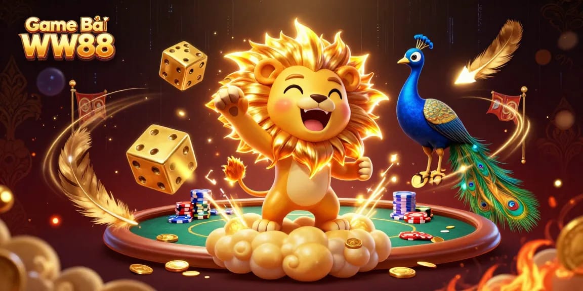 Bet on Game Bài WW88: 3D sun lion roaring triumphantly amidst vibrant casino elements.