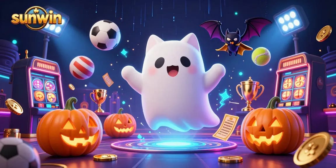 Experience winning at sunwin with a ghost cat in a haunted casino, dynamic sports elements, and glowing jack-o-lanterns.