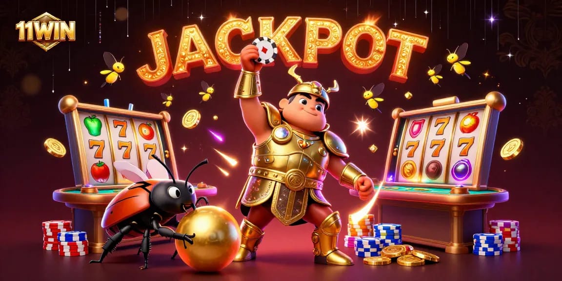 11WIN showcases an energetic scene with a victorious beetle lifting a poker chip amidst vibrant casino elements.