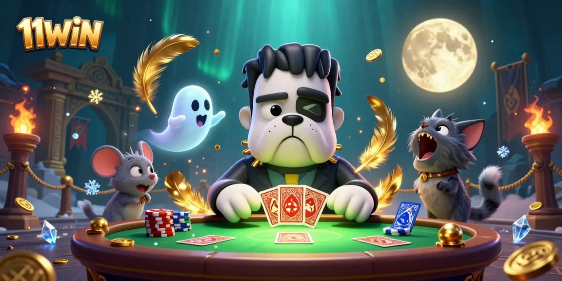 Win with 11WIN: A spooky card-dealing scene featuring a Frankenstein bulldog and friends.