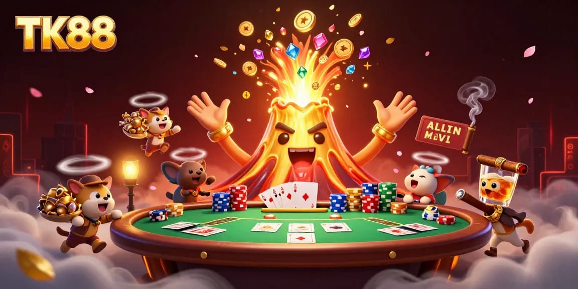 Experience thrilling gameplay at TK88 with a triumphant volcano showering coins in this vibrant casino scene.