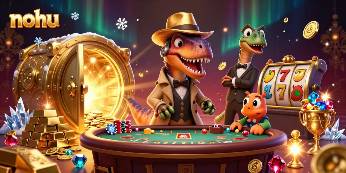 Nohu velociraptor card counter attempts a sneaky play at blackjack with gold and gems everywhere.