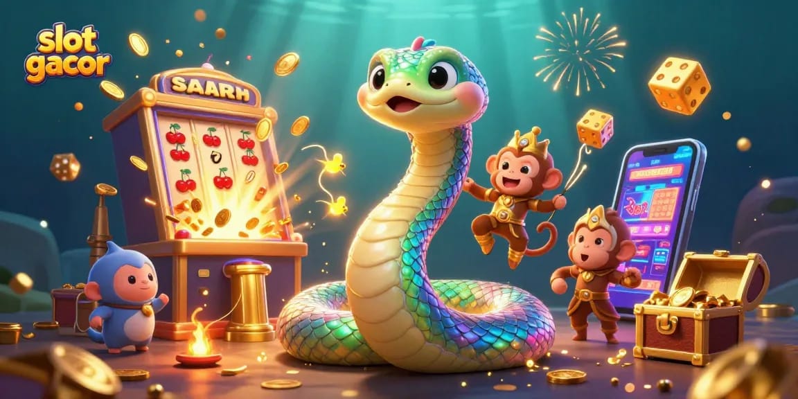Win big with slot gacor as a vibrant animated scene comes alive with fun characters and casino elements.