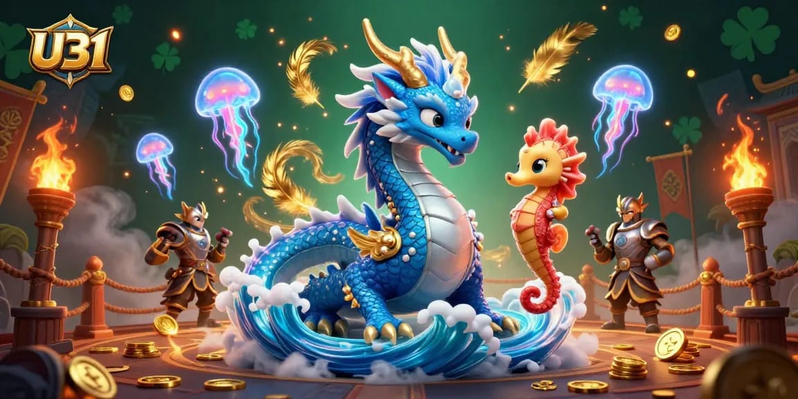 Spin and win at U31, experiencing captivating slot games with a mesmerizing azure water dragon.