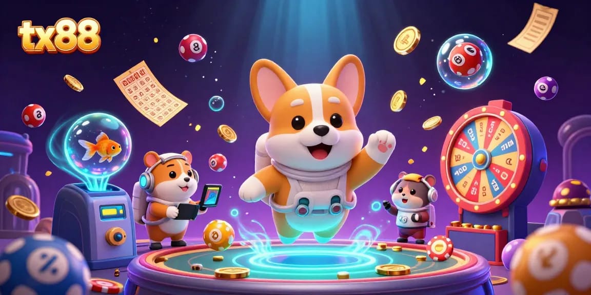 Experience thrilling gaming with tx88 as a cartoon corgi navigates a vibrant casino