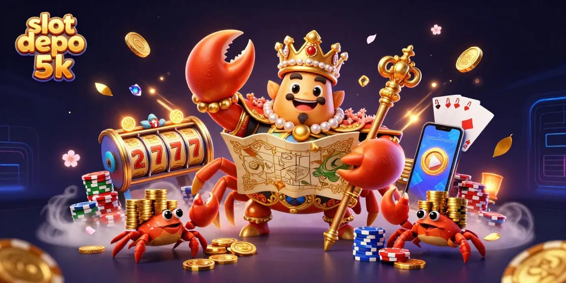 Engage with slot depo 5k features in a vibrant scene with a crab emperor, gold coins, and spinning reels.
