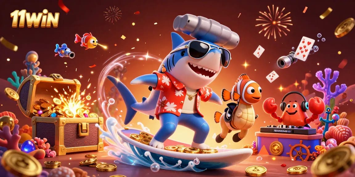 Experience the thrill of 11WIN with vibrant casino elements and characters in a stunning 3D scene.