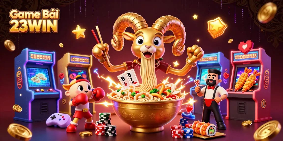 Engage with Game Bài 23WIN featuring fun characters in a lively casino scene of card dealing and chip stacking.