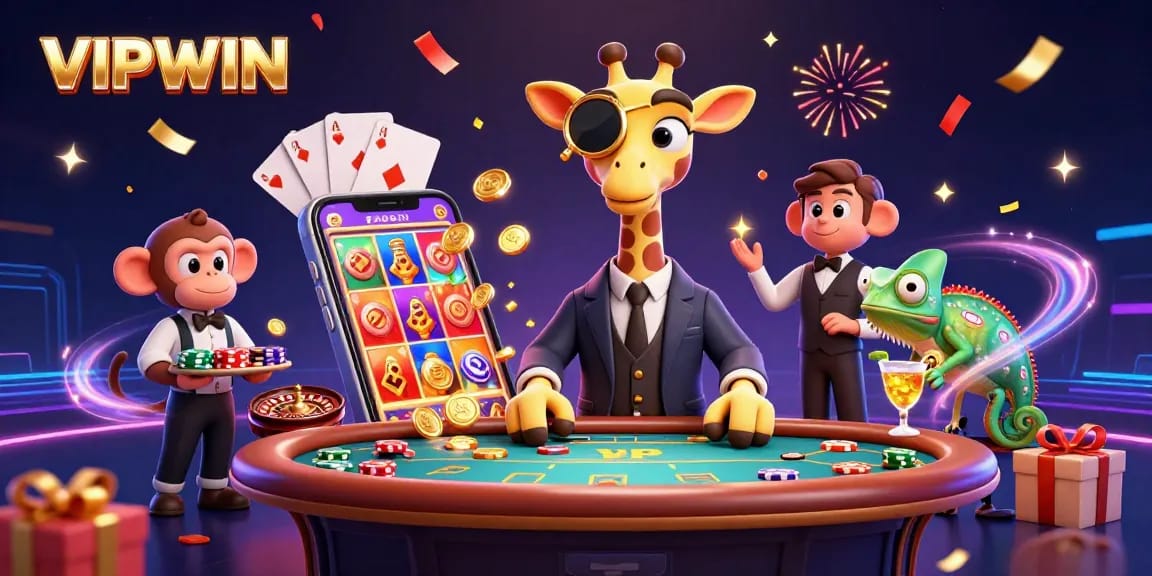 Experience the excitement of VIPWIN with a vibrant casino scene featuring a high-roller giraffe.