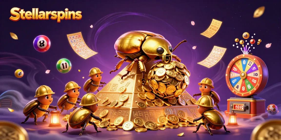 Experience stellarspins excitement with golden coins, lottery elements, and vibrant casino symbols.
