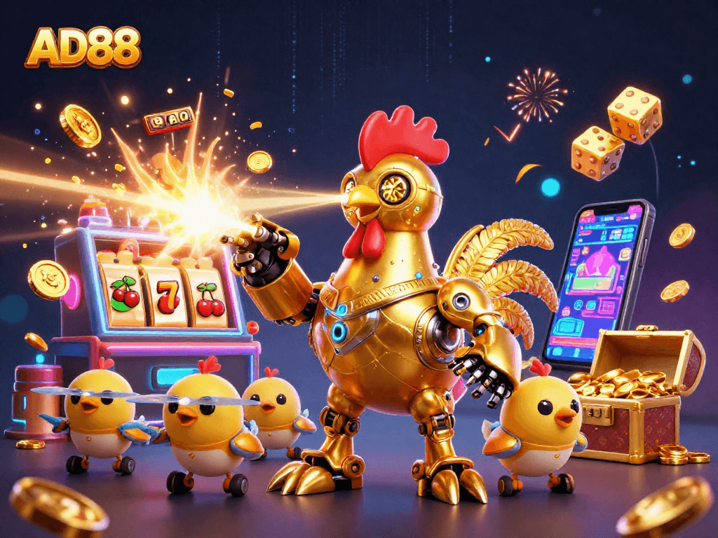 Experience thrilling gameplay at AD88 with a golden rooster robot and dynamic casino elements.