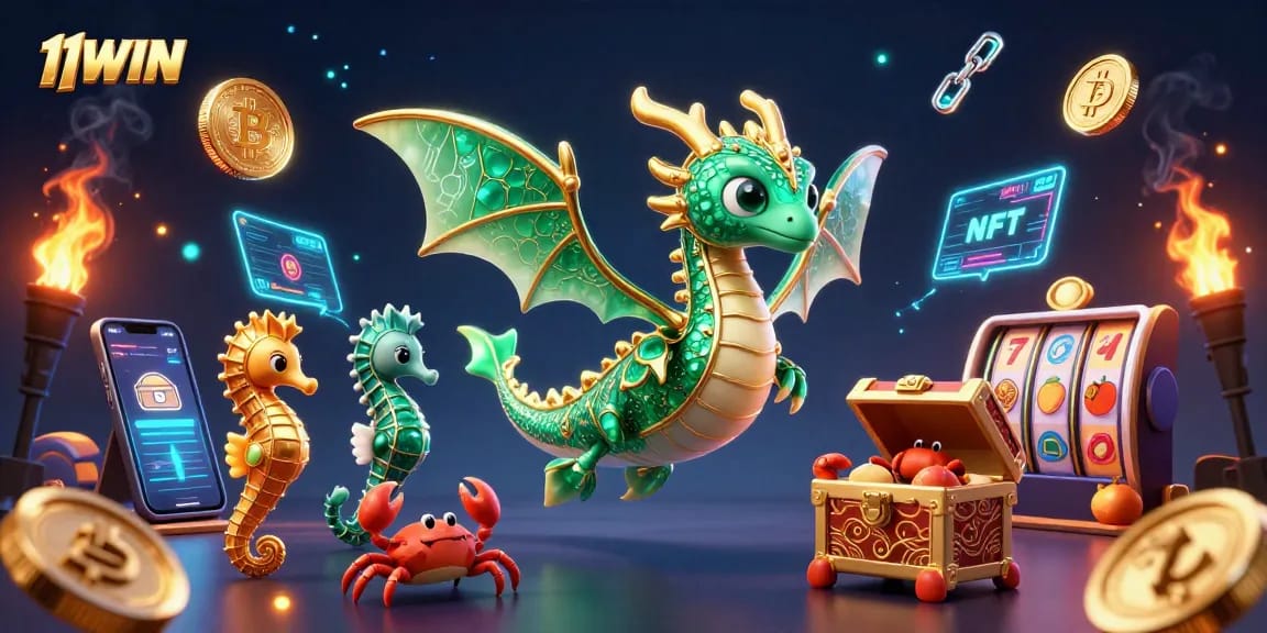 Engage in the vibrant world of 11WIN with a stunning sea dragon and crypto elements.