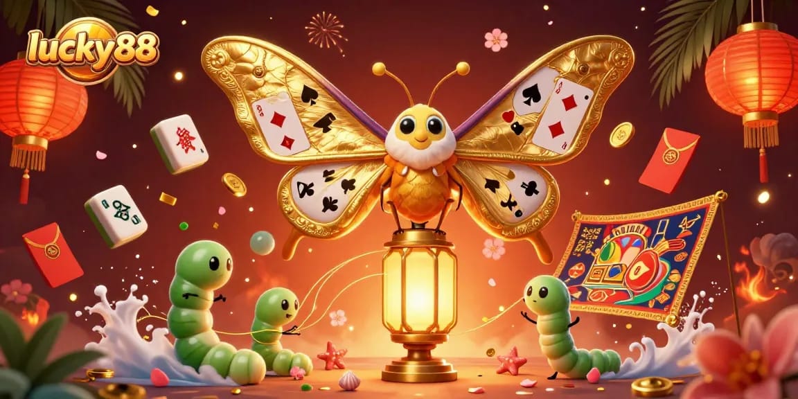 Experience the vibrant energy of lucky88 with a detailed casino-themed 3D illustration featuring an atlas moth.
