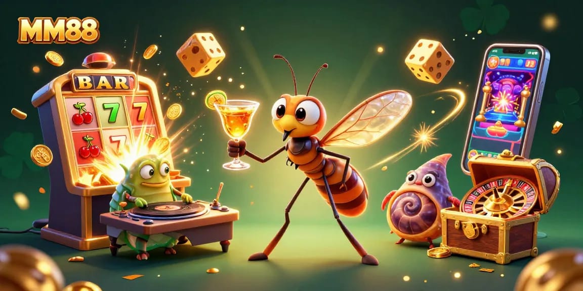 Experience MM88's vibrant casino scene with a lively mascot, engaging games, and a burst of excitement.