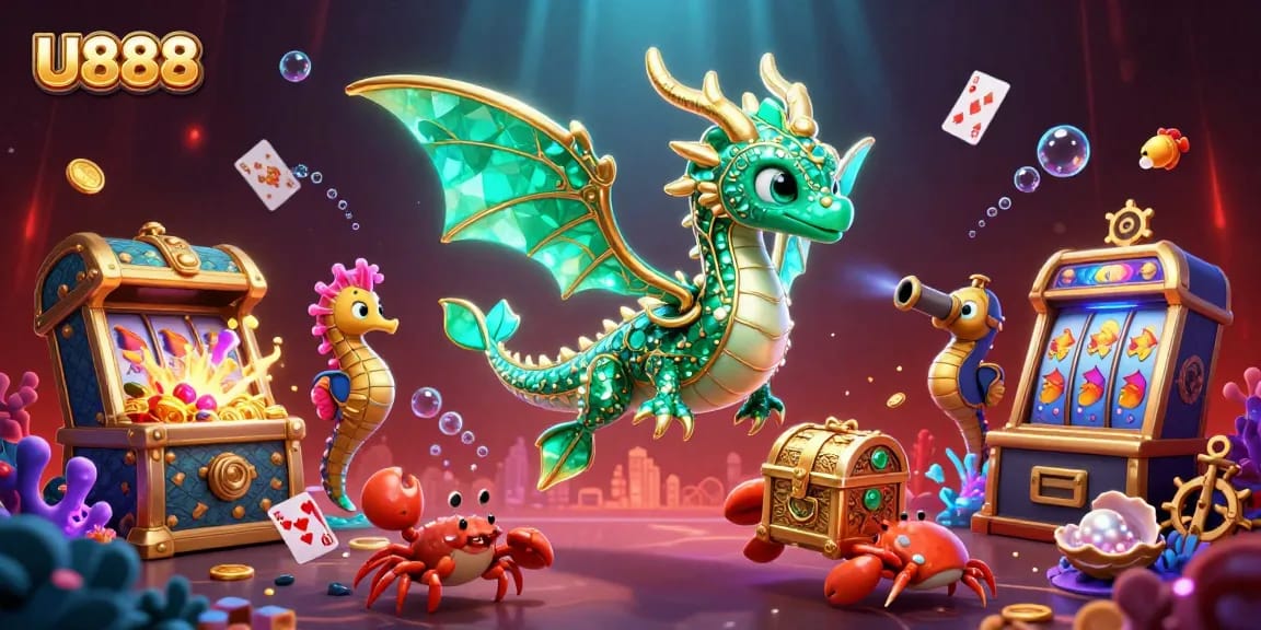 U888 sea dragon illustration showcasing vibrant slots, immersed in a dynamic underwater casino atmosphere.