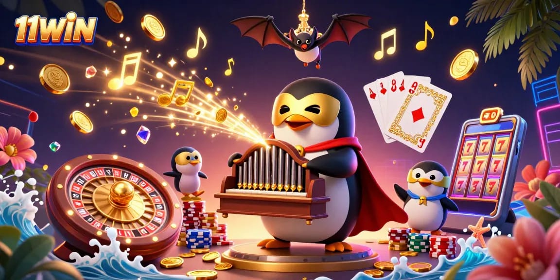 Discover thrilling gaming moments at 11WIN with a captivating 3D casino illustration bursting with excitement.