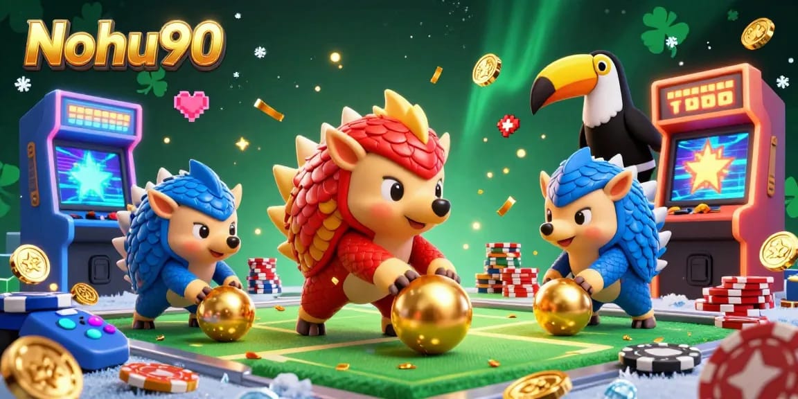 Nohu90 showcases a competitive scene with cartoon pangolins rolling golden balls, surrounded by poker chips, enhancing fun and excitement.