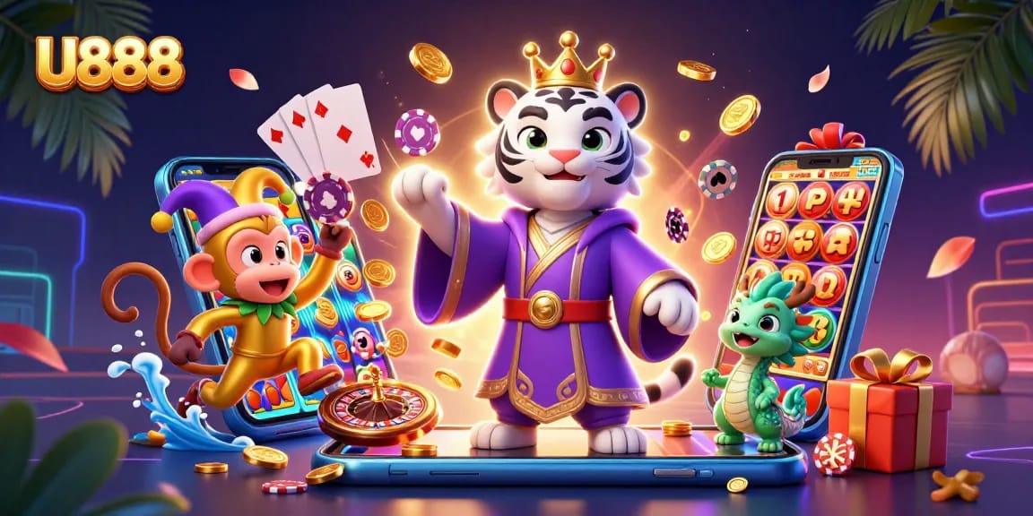 Engage with U888's vibrant casino experience featuring a lively illustration of characters and games.