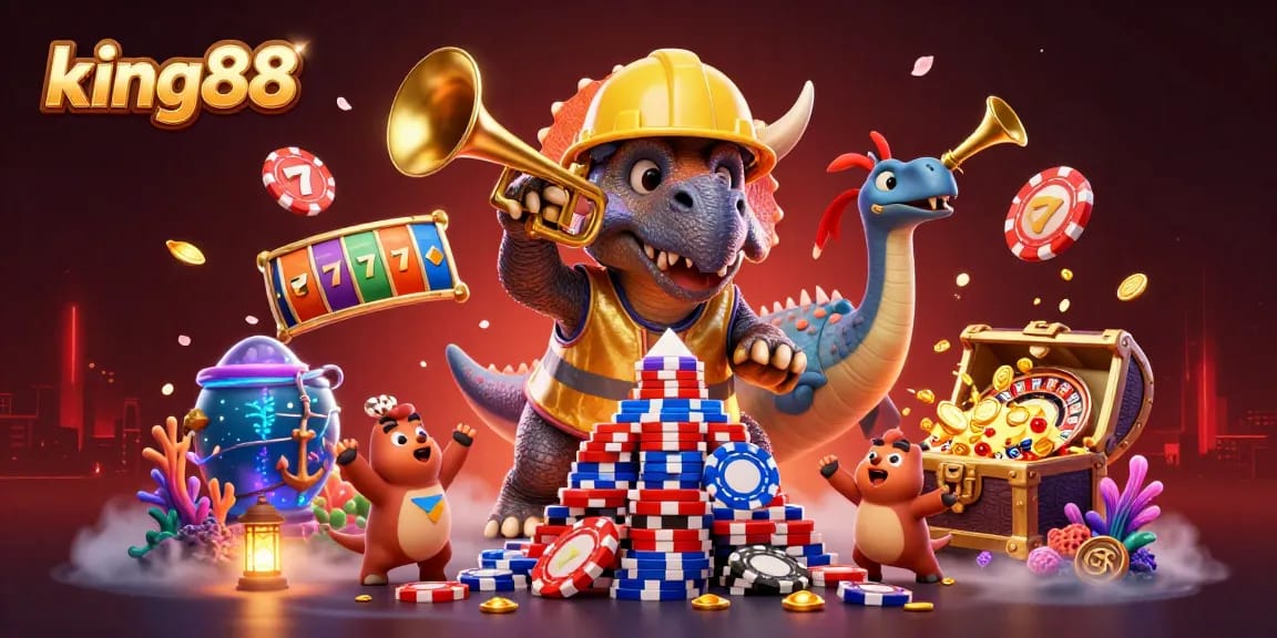 king88 players enjoying dynamic slot games with colorful characters in a vibrant casino scene