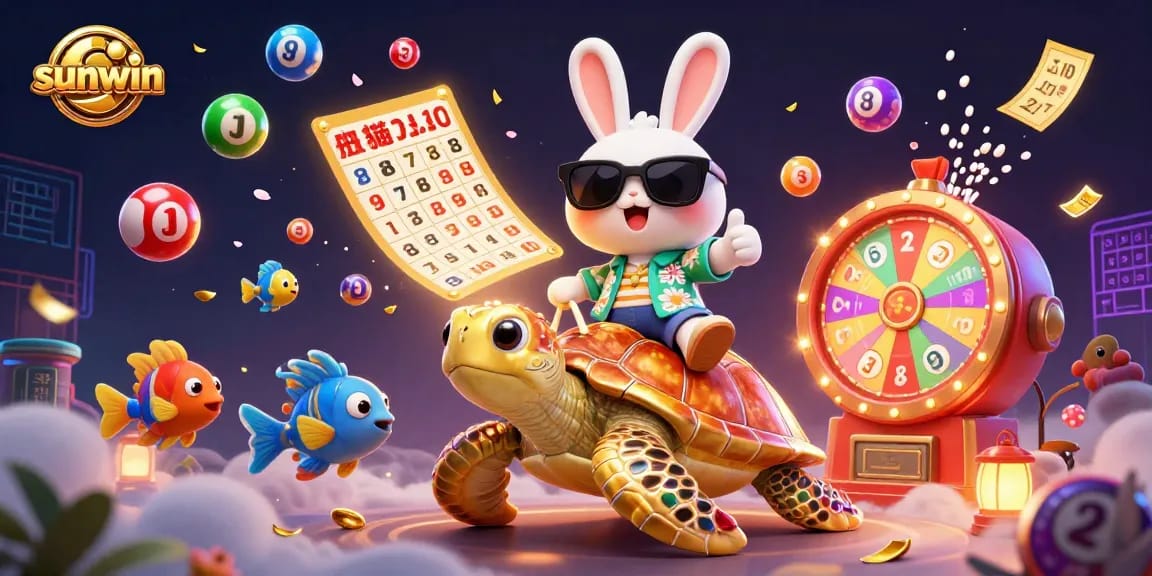 Engage with sunwin's vibrant gambling world, featuring a lucky rabbit and a golden sea turtle in playful action.