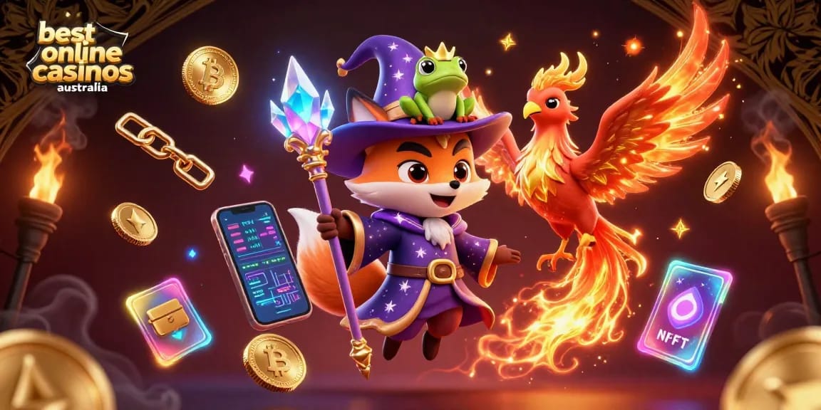 Engage with the best online casinos Australia featuring vibrant wizardry, crypto elements, and dynamic gaming symbols.