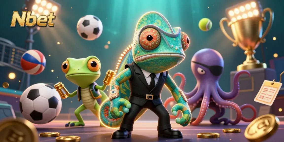 Nbet showcases thrilling sports action with a vibrant casino scene featuring dynamic characters and game elements.