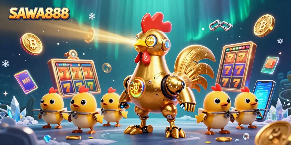 Engage with SAWA888's thrilling gaming atmosphere featuring vibrant slot elements and a high-tech rooster mascot.