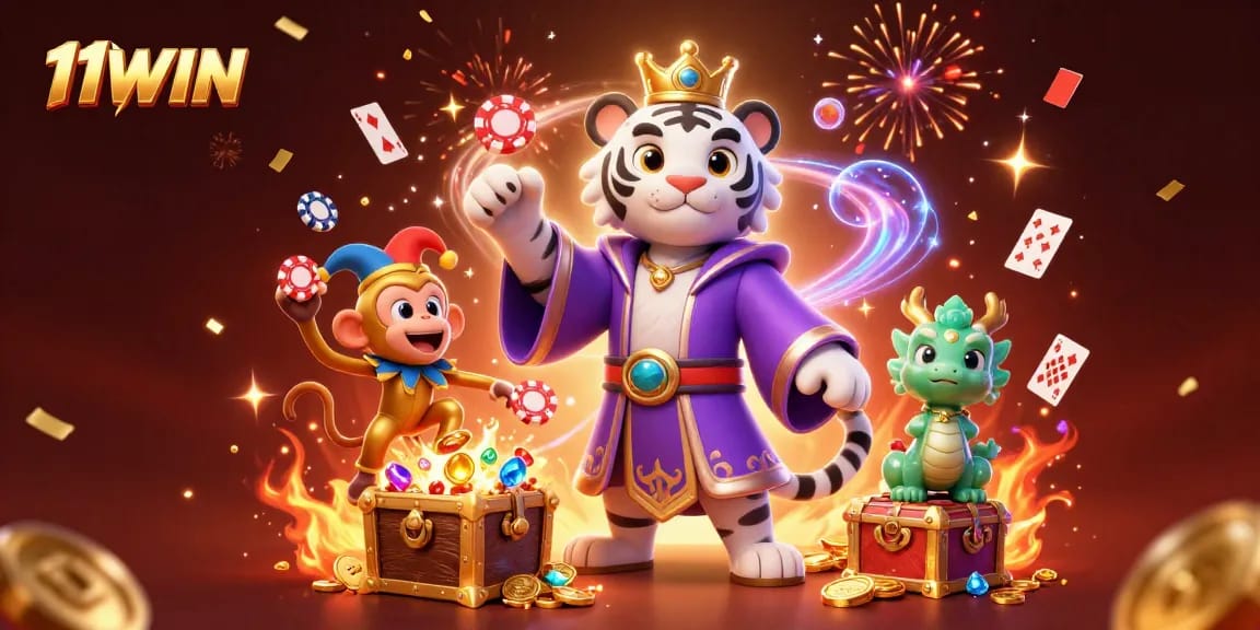 Engage in thrilling gameplay at 11WIN with vibrant characters in a dynamic casino scene.