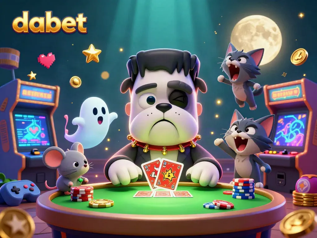DABET promotes exciting card games with a lively Frankenstein bulldog dealer, enhancing the gaming atmosphere.