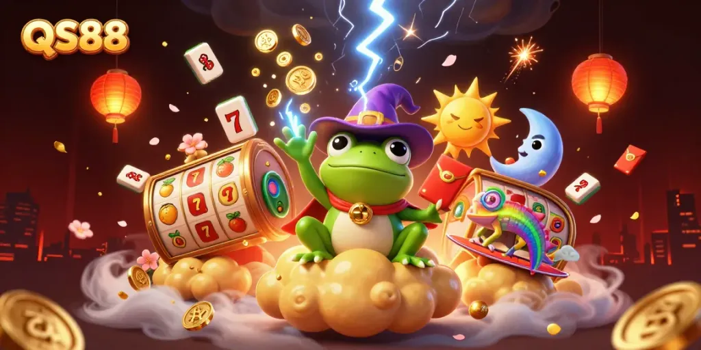 Win big with QS88 in this dynamic illustration showcasing vibrant characters and casino elements.