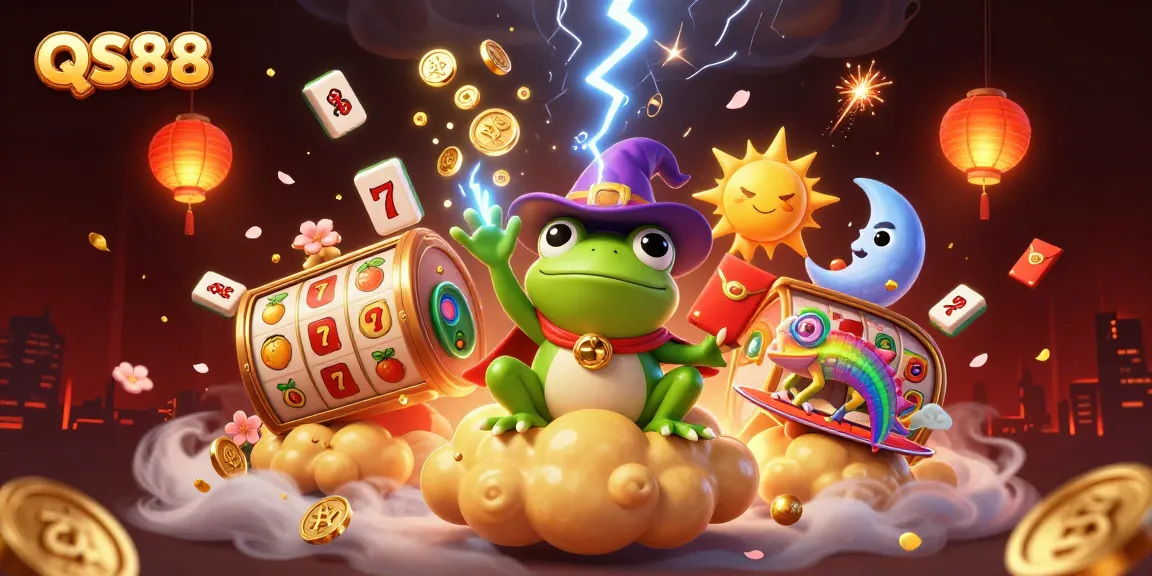 Win big with QS88 in this dynamic illustration showcasing vibrant characters and casino elements.