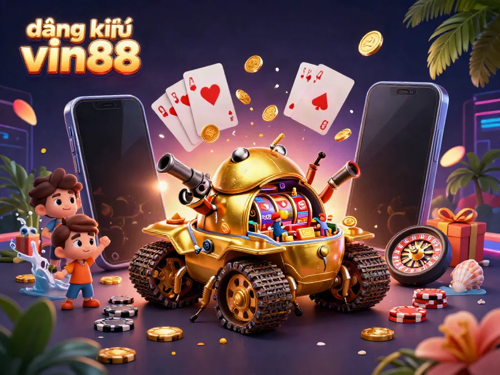 Engaging illustration of đăng ký vin88 with a golden beetle tank revealing a vibrant casino, colorful games, and dynamic action elements.