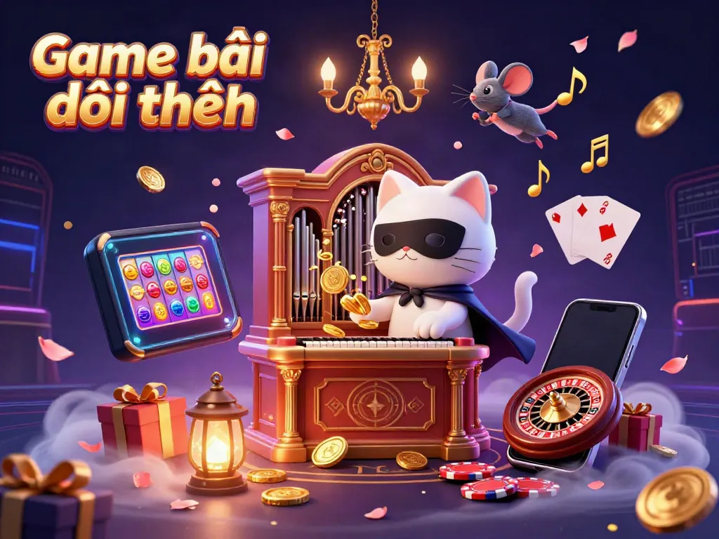 Experience the excitement of Game bài đổi thưởng with a rich casino atmosphere, showcasing vibrant game elements and dynamic characters.
