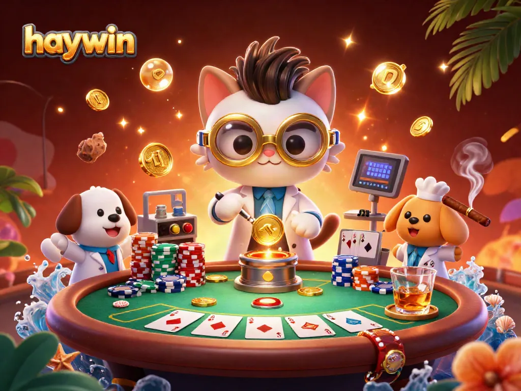 Engage in thrilling poker with haywin's imaginative scene featuring cats and dogs, golden coins, and vibrant casino elements.