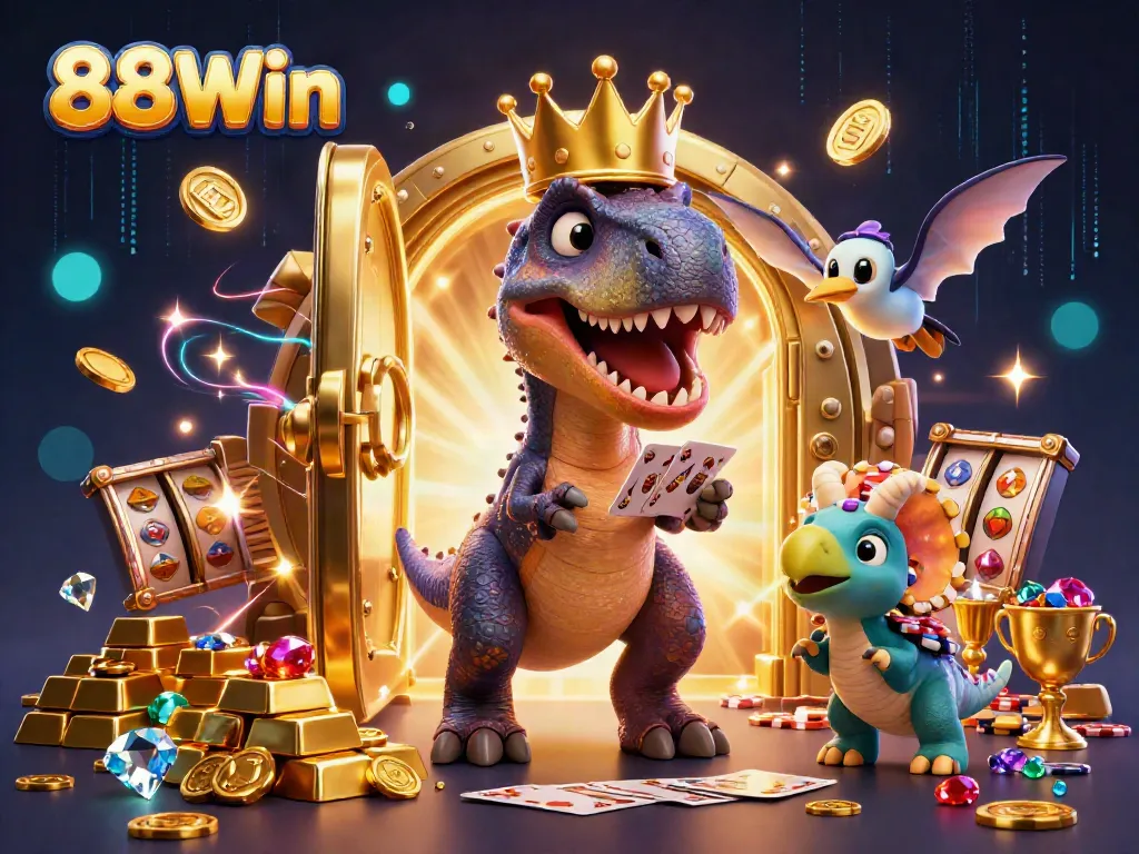 Experience the thrill of 88Win with vibrant characters and dynamic casino elements in a rich 3D scene.