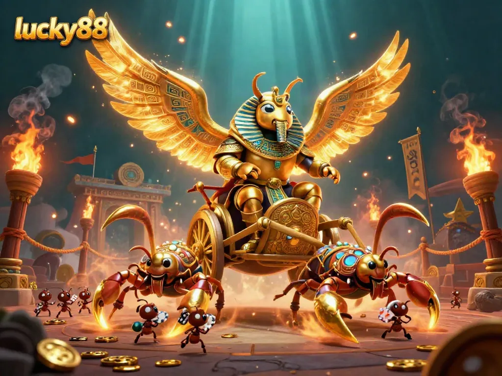 Players win big at lucky88 with 3D golden scarab beetle and scorpion chariot in vibrant casino scene.