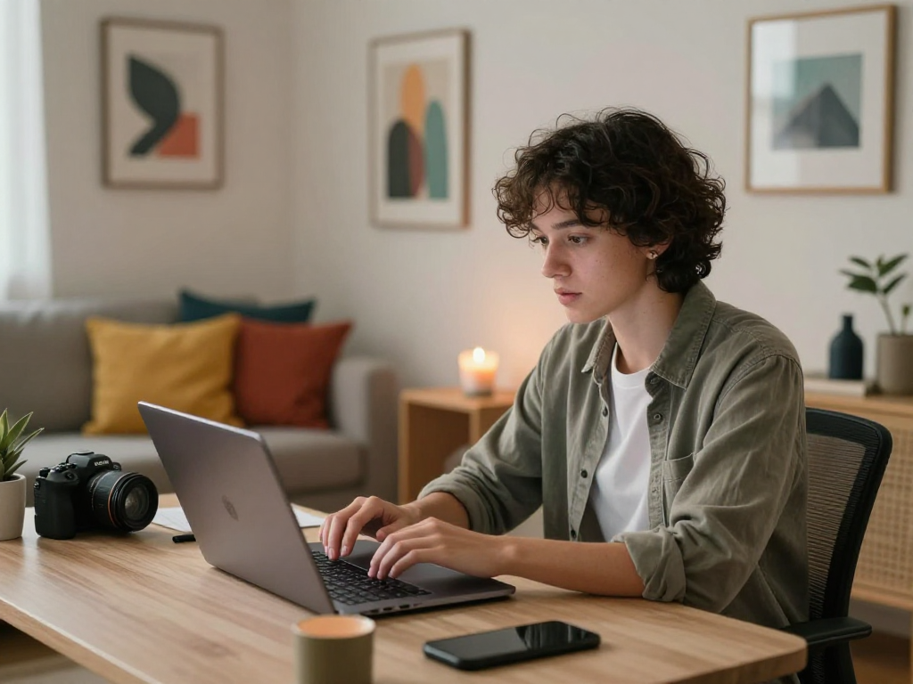 Engaging in nsfw AI chat in a cozy home office with warm lighting.