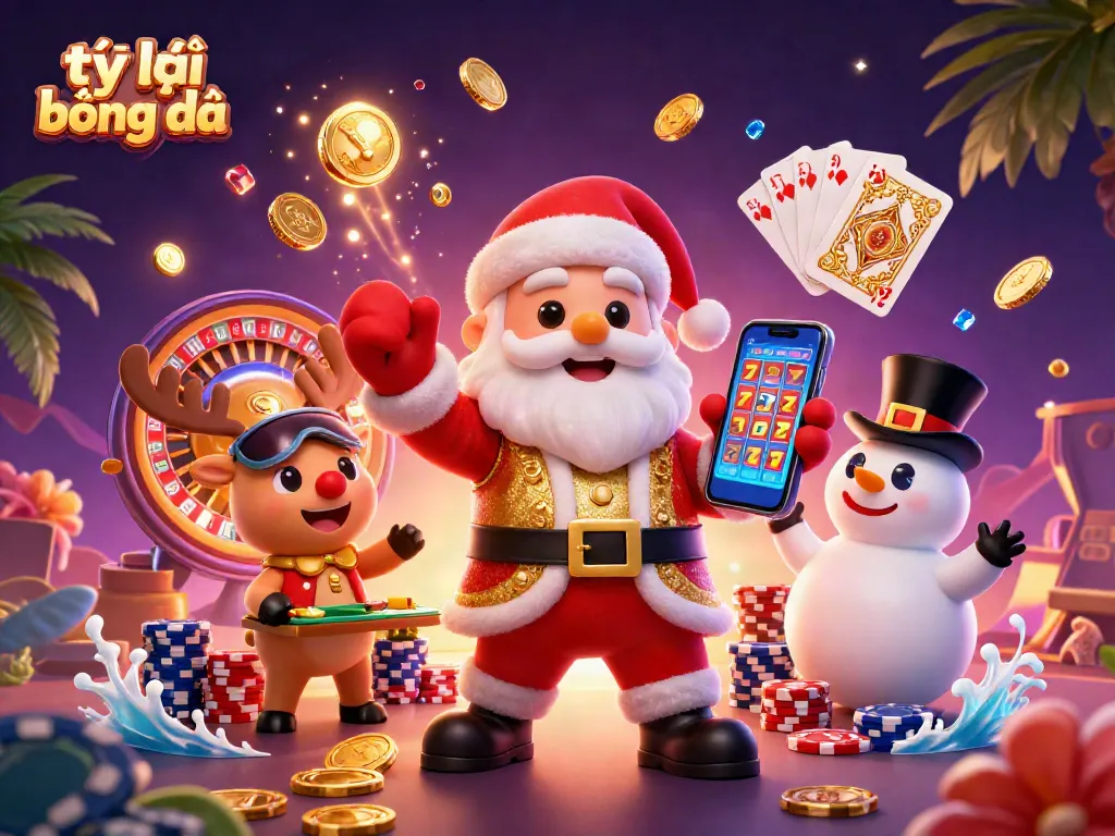 Place bets with tỷ lệ bóng đá as Santa and friends celebrate in a vibrant casino scene.