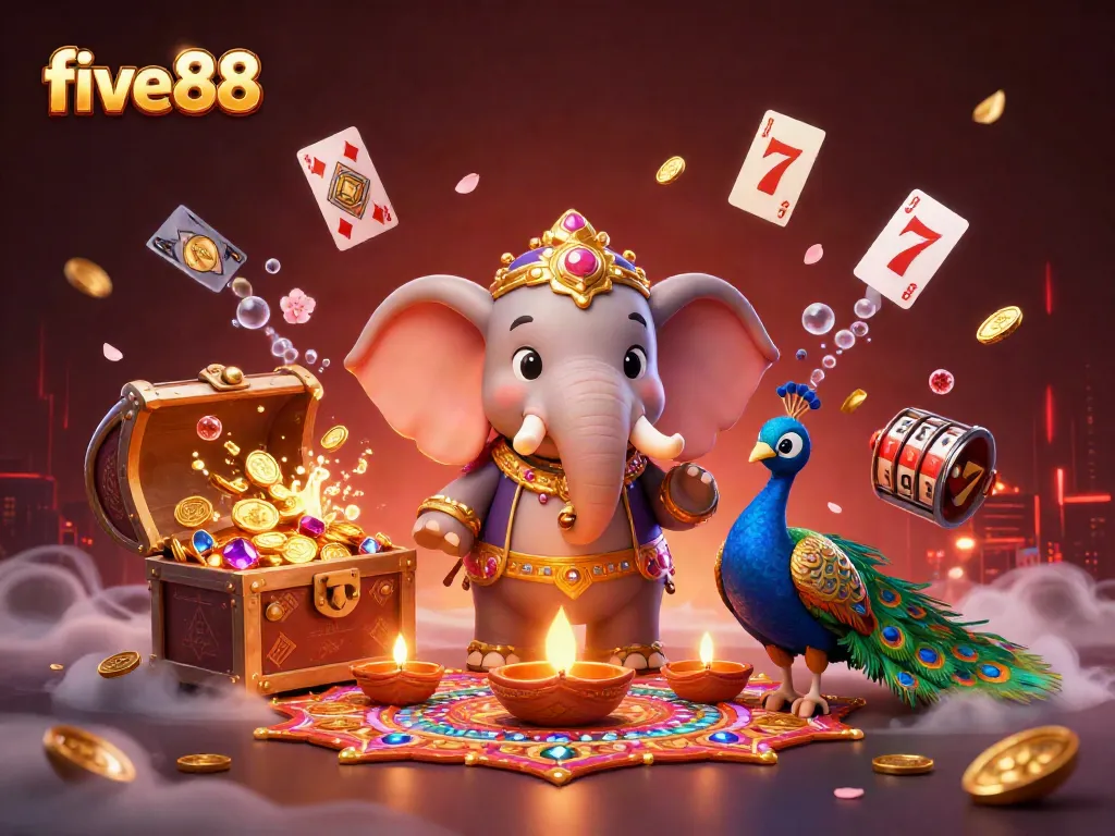 Experience five88 through a vibrant 3D scene featuring colorful characters and lively casino elements.
