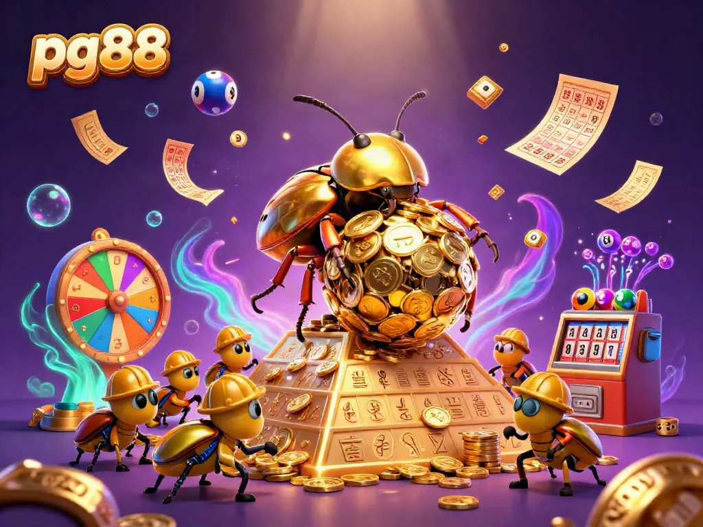 Engage with pg88's gaming excitement as golden beetles roll coins amidst dynamic lottery elements.