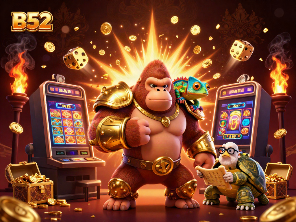 B52 offers dynamic gambling experiences with vibrant slot machines and colorful characters in a lively casino atmosphere.