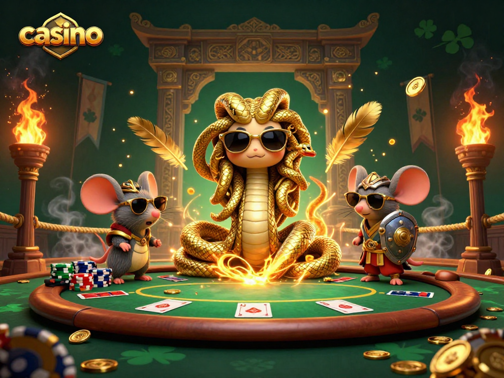 Engage with casino gaming excitement as Medusa and a warrior mouse bring poker to life.